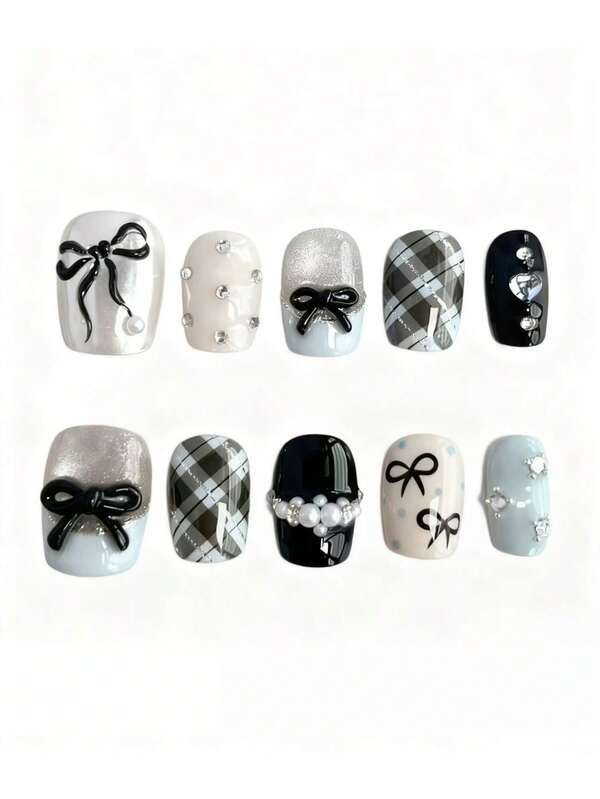 10 pezzi di unghie finte corte quadrate, stile semplice e delicato, stile Y2K, con decorazioni 3D dipinte a mano come fiocchi, plaid, pois, perle e strass, stile elegante e raffinato, adatte per donne e ragazze, per feste autunnali e invernali, uso quotidiano