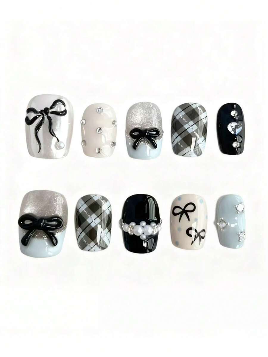 10 件纯手工按压指甲短指甲方形指甲 Y2k 可爱温柔简约风格 3D 手绘蝴蝶结格子波尔卡圆点珍珠镶钻猫眼精致女士高端按压指甲或女士和女孩，秋冬节日派对和日常生活使用 - 藍色 - 查看 1