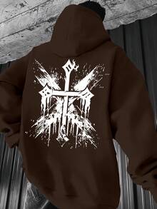 Vintage Retro College Style Fleece Drawstring Hoodie With Kangaroo Pocket Pullover Sweatshirt - Black - View 5