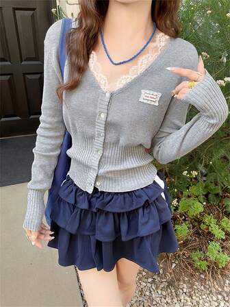 V-Neck Lace Patchwork Base Layer Cardigan For Women, Slim Fit Long Sleeve Sweater Top For Autumn/Winter, Light Gray Long Sleeve Can Be Worn Alone For Christmas & New Year