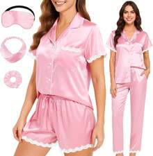 3 Piezas Pijama de Seda para Mujer Conjunto de Pijama de Satén con Adorno de Encaje Suave con Botones Pijama Ropa de Dormir Ropa de Estar por Casa Halloween - Light Blue - Ver 11