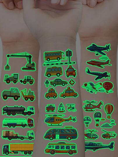 10pcs/Pack Colorful Cartoon Truck Temporary Tattoo Stickers, Waterproof & Sweatproof, Single Use, Suitable For Children's Face, Arm, Waist, Chest, Leg, Abdomen, Neck, Hand, Finger, Back, Applicable For Party, Stage Performance, Children's Day, Modern Body Painting