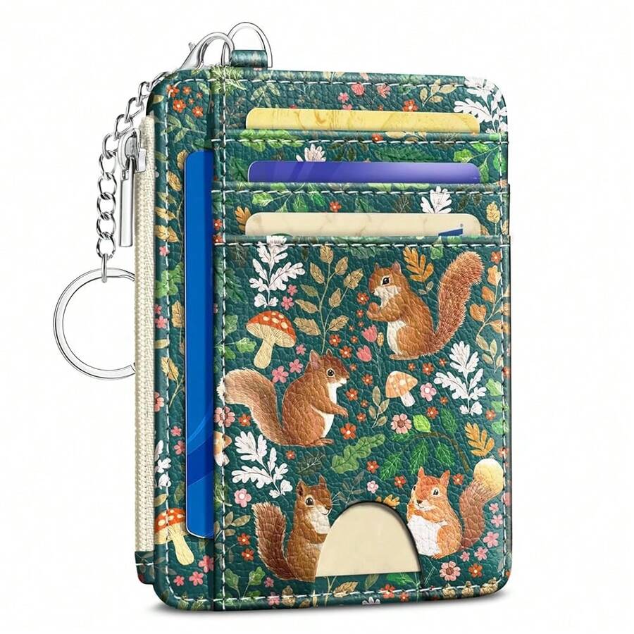 Cute Squirrels Credit Card Holder Small Wallet Women, Flowers Slim RFID Blocking Wallet Woman Keychain With Zipper Coin Pocket, Front Pocket Thin Travel Card Case With ID Window Ladies Gifts{"Color_name":"Squirrel"} - 多色25 - 查看 1
