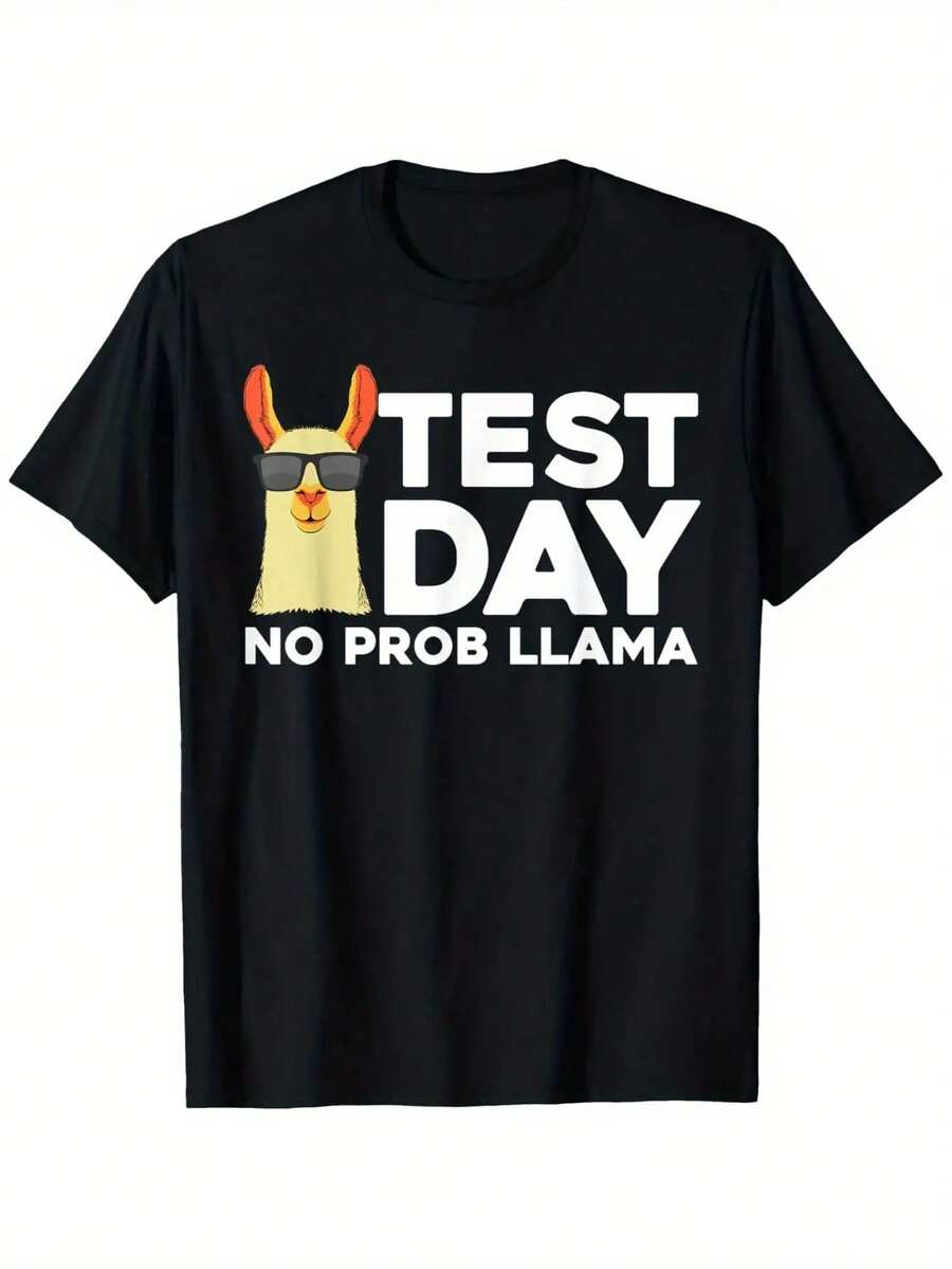 Cool Test Day Llama Teacher Testing Day T-Shirt, Unisex 100% Cotton Casual Crew Neck Short Sleeve Tee, S-XXXL - Black - View 1