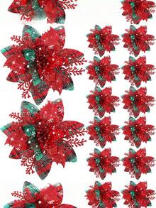 12/24 Pcs Christmas Glitter Red And Green Decorative Ornaments - Red And Green Artificial Flowers, Sparkling Festive Christmas Tree Decorations, Weddings, Home Decorations, Christmas Party Decorations, Wedding Decorations, Holiday Flower Decorations, Holiday Crafts, Wedding Planners, Perfect For Christmas