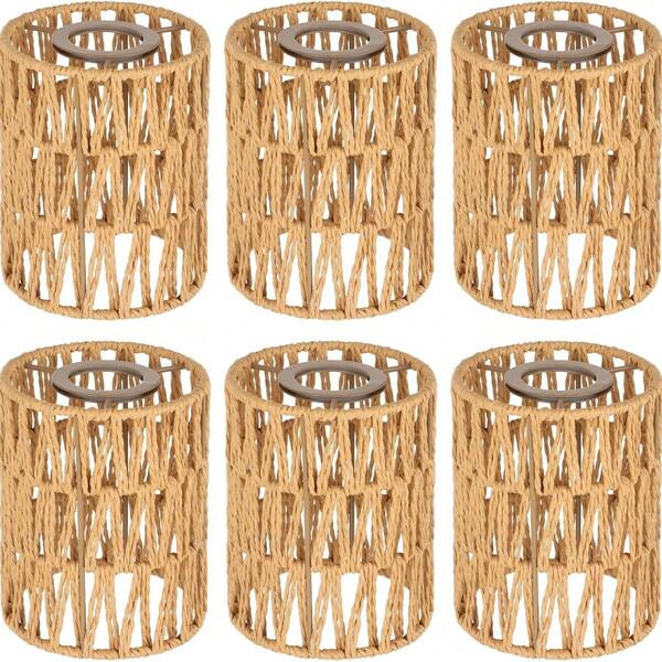 1pc/6 PCS Rattan Lamp Shade,Small Wicker Pendant Light Shade - Cylinder Woven Wicker Lampshades Replacement,Paper Rope & Metal Frame,Bohemian Ceiling Hanging Light Shades For Wall Light