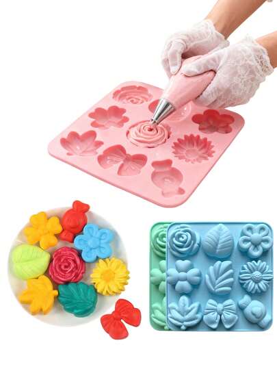 1pc 9-Cavity Silicone Mold With Different Flower & Plant Shapes, DIY Plant Themed Cake, Dessert, Chocolate, Cookie, Pudding Baking Mold