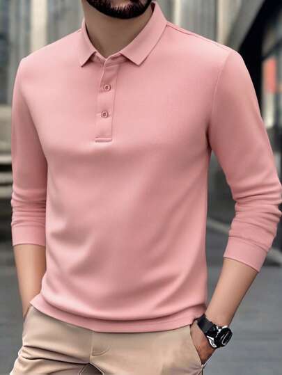 メンズカジュアル長袖ポロシャツ、軽量ポリエステル ルーズフィット、シンプルな無地ビジネス/キャンパススタイル
