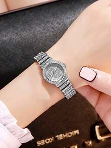 2 件女士钢表带水钻休闲手表和手链套装 - 銀色 - 查看 11