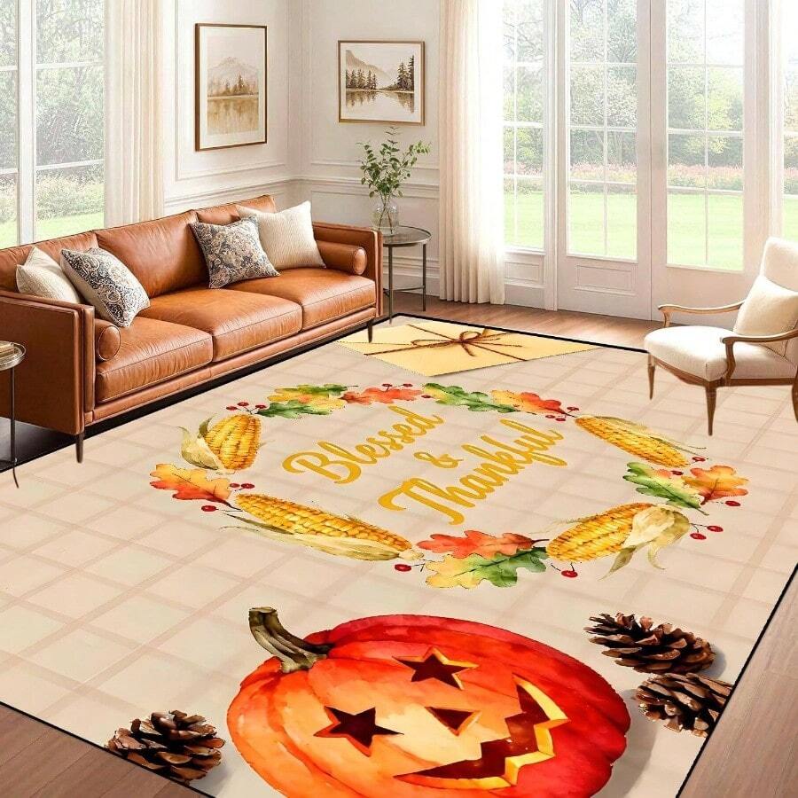 Fall Thanksgiving Area Rug, 2x3ft Indoor Washable Carpet, Thankful Pumpkin Corn Wreath Design, Autumn Themed Indoor Rug, Soft Non - Slip Large Carpet, Living Room Kitchen Home Decoration