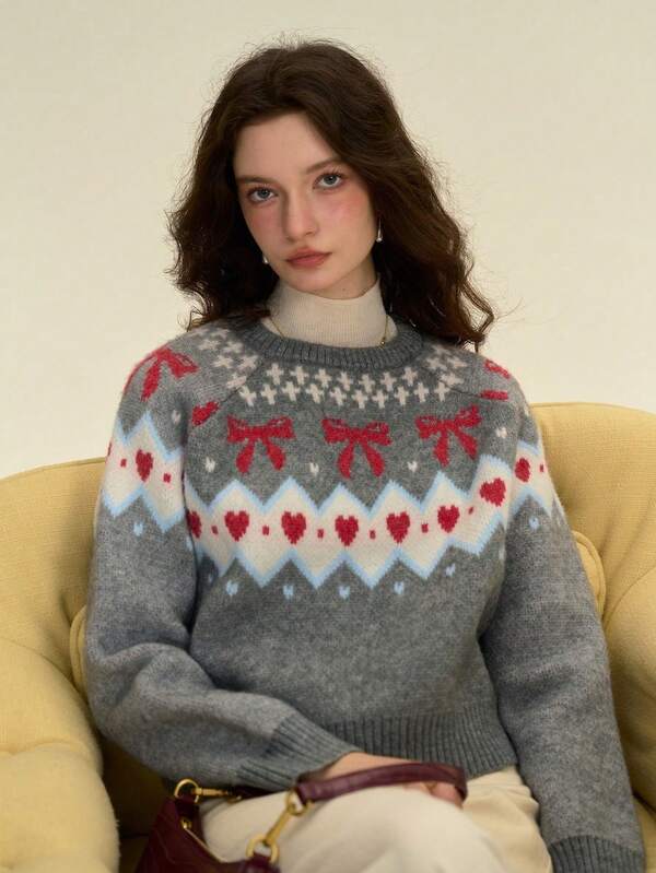 Simple Retro Women's Autumn And Winter Casual Round Neck Collision Embroidery Bow Grey Elegant Retro Temperament Long Sleeve Pullover Jumper