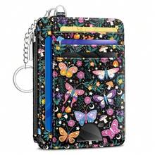 Butterfly Flowers Credit Card Holder Small Wallet Women, Slim RFID Blocking Wallet Woman Keychain With Zipper Coin Pocket, Front Pocket Thin Travel Card Case With ID Window For Ladies Gifts{"Color_name":"Butterfly"} - 多色8 - 查看 1