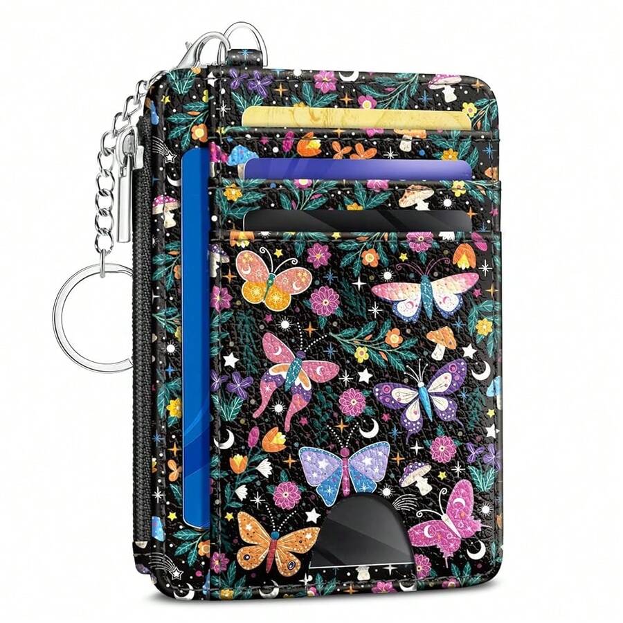 Butterfly Flowers Credit Card Holder Small Wallet Women, Slim RFID Blocking Wallet Woman Keychain With Zipper Coin Pocket, Front Pocket Thin Travel Card Case With ID Window For Ladies Gifts{"Color_name":"Butterfly"} - 多色8 - 查看 1