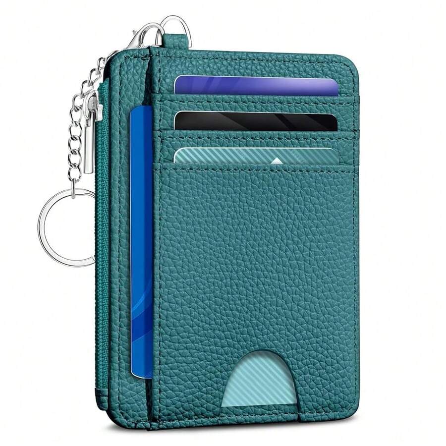 Teal Blue Credit Card Holder Small Wallet Women, Minimalist Slim RFID Blocking Wallet Woman Keychain With Zipper Coin Pocket, Front Pocket Thin Travel Card Case With ID Window Ladies Gifts{"Color_name":"SolidBlue"} - 多色19 - 查看 1
