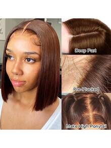 4号棕色波波头假发,蕾丝前额,真人发混纺,直发透明棕色波波头假发,即戴即走,无需胶水,预先拔毛,女士短款波波头假发,6-16英寸(混纺假发 - 真人发和合成纤维混合)真人发混纺假发/女士真人发混纺假发/真人发混纺蕾丝前额假发/无需胶水假发/漂白发结/预先拔毛/蕾丝假发/化妆舞会/万圣节 - S4 - 查看 6