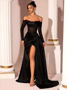 Women's Elegant Off Shoulder Long Sleeve Lace Patchwork Sheer Slit Long Tie Back Dress, Suitable For Prom, Party, Birthday, Date Night, Homecoming, Wedding Guest, Formal Dinner