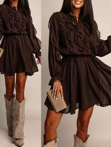 Tie Neck Ruffle Trim Flounce Sleeve Chiffon Dress Elegant Spring - Coffee Brown - View 2
