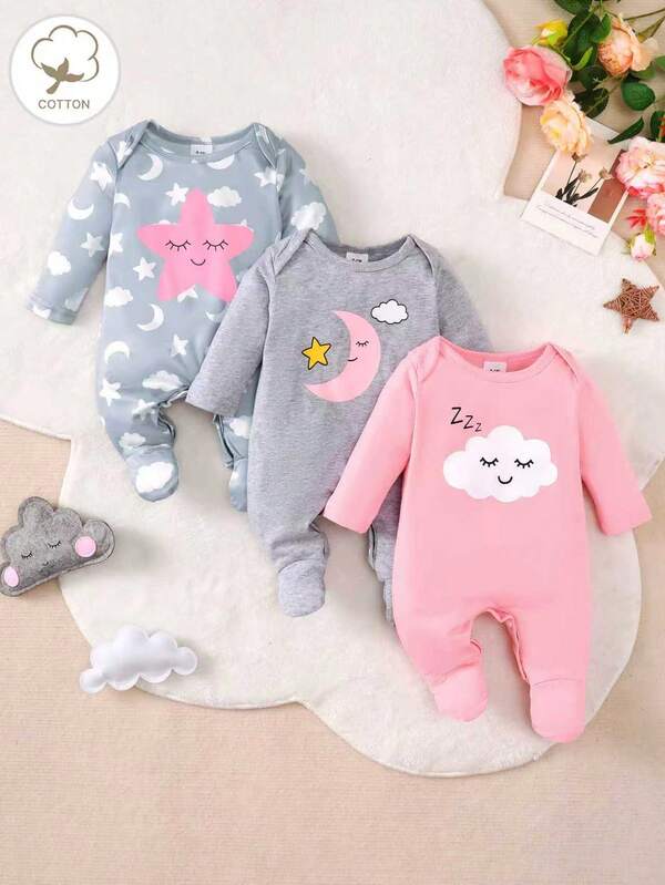 Conjunto de 3 piezas de mono informal de manga larga con cuello redondo para bebé niña recién nacida, con estampado de estrellas, luna y nubes