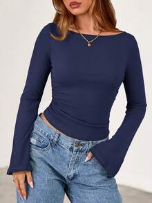 Fall New Arrival Women's Long-Sleeve Top Crop-Top Style Casual Outerwear Boat Neck With Bell Sleeves Ribbed Pleated Design Millennial-Inspired Fashion - Xanh nước biển - Xem 3