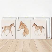 3pcs/Set, Canvas Framed Wall Art, Watercolor Foal Painting, Featuring A Foal In Soft Brown Tones, Ideal For Decorating Nurseries Or Kids' Rooms In Country Style Kids' Room Decor, Nursery Decor, Parenting Room Decor, Preschool Decor, Boys' Room Decor/Girls' Room Decor, Playroom Decor