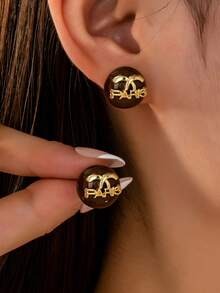 1 Pair Elegant PARIS Letter CC Logo Stud Earring, Minimalist Round Shape Statement Earrings Jewelry For Women Everyday Wear - Multicolor - View 8
