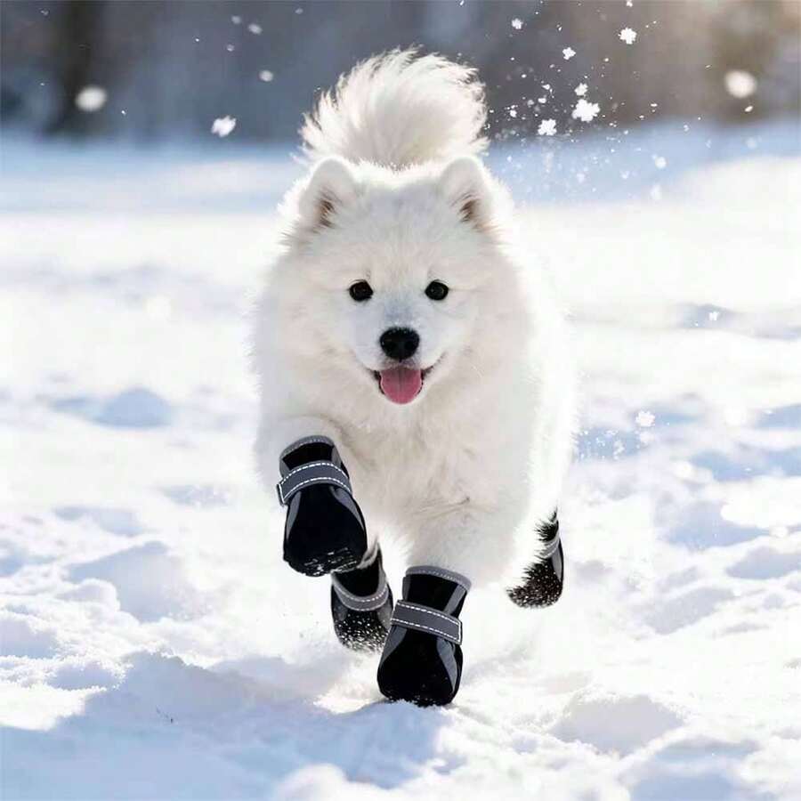 4pcs/Set Pet Dog Waterproof Warm Fleece Shoes, Anti-Slip Reflective Dog Booties For Outdoor Use, Autumn/Winter - Red - View 1