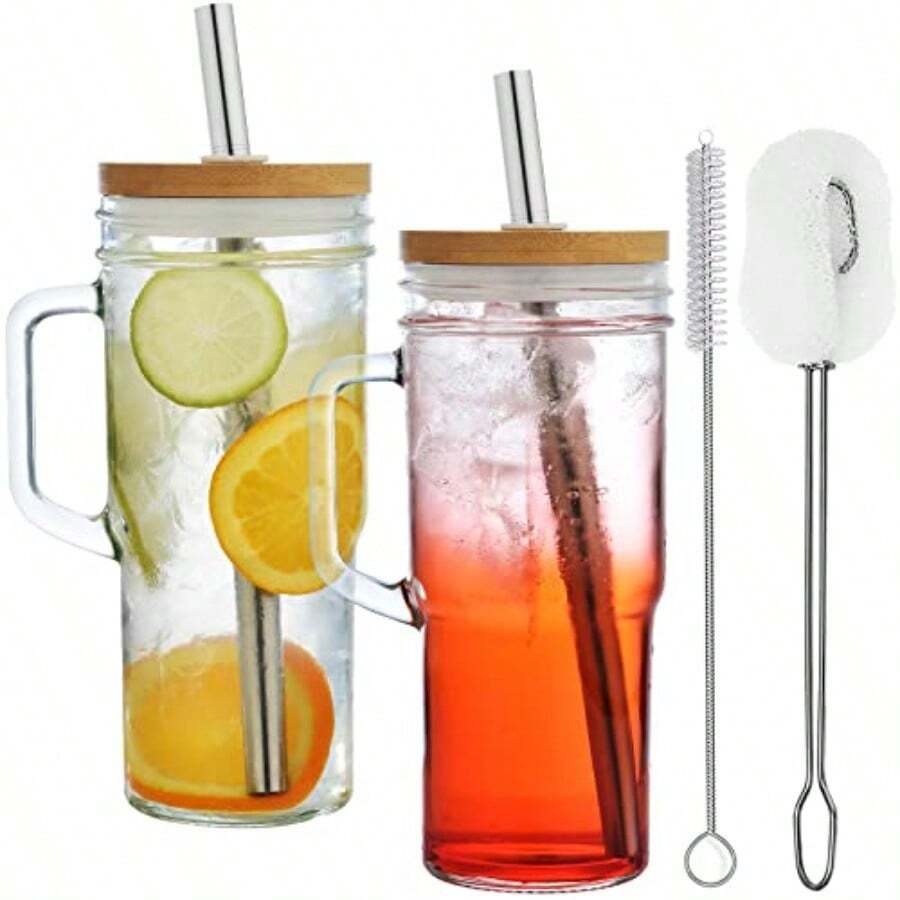 2 Pack Glass Tumbler Cups With Bamboo Lids And Straws 24oz Iced Coffee CupsReusable Mason Jar Drinking Glasses For Bubble Tea Beer Smoothie Juice Handle Cup - Clear - View 1