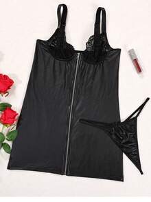 2 件套全新女式 PU 睡衣，拉链性感内衣蕾丝拼布吊带睡袍和内裤套装 - 黑色 - 查看 7