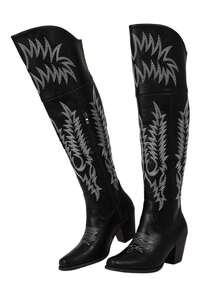 Women's Knee High Cowgirl Boots Black Boots Side Zippers Chunky Heel Pull On Shoes Jaripeo Cowgirl Outfits For Women Combat Boots For Women Western Country Embroidery Style Country Concert Sexy Fashion Winter Fall Boots Festival Shoes - 黑色 - 查看 2