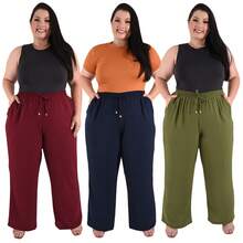 Kit 3 Patanlona Plus Size Pants Women's High Waist Pockets Stylish Elegant Pockets - 瑪薩拉-海軍藍-綠色 - 查看 1