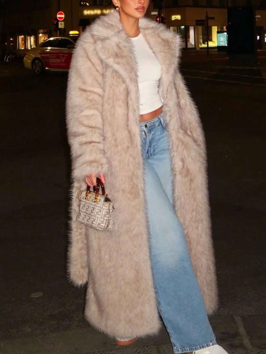 女士奢华仿皮草中长款大衣，有领，长袖，常规袖口，保暖衬里，无弹力面料，适合冬季穿着 - 棕色 - 查看 1