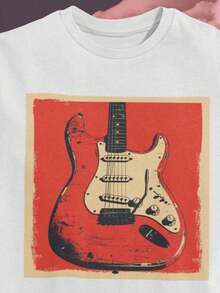 Electric Guitar T-Shirt – Strat - Classic Worn Guitar Graphic Tee With Retro Vibes For Rock & Music Lovers, Perfect Casual Style..Women's Solid-Colored Boat Neck Short-Sleeve One-Piece Shirt, Suitable For Summer Wear, Paired With Printed Shirts, Ladies' Tops, And Printed Short-Sleeve Shirts. Women's Clothing - 白色 - 查看 1