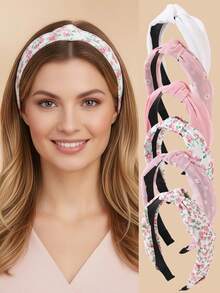 6pcs Women's Fashion Elegant Pink Daisy Flower Print Headbands, Suitable For Daily Wear And Vacation Matching In Spring/Summer Hair Band Diadema Hair Hoop - Multicolor - View 2