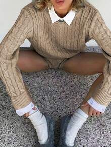 2pcs/Set Solid Color Pocket Pullover Sweater And Shorts, Casual Autumn/Winter Outfit, Back To School, Women Teachers Uniform, Women's Outgoing Tops, Women's Date Night Attire, Women's Business Casual Low-Waist, Korean Style, Basic Contrast Color Sweater, Halloween Sweater, Christmas Sweater, Women Office Wear Autumn/Winter, Women Thick Knit Sweater And Shorts Set, Warm Ribbed 2-Piece Outfit