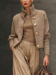 Magic Mia Women's Elegant French Tweed Bouclé Jacket - Cropped Stand Collar Blazer With Pearl Buttons | Small Fragrance Style Coat For Office, Casual & Daily Wear (2025 Classic Design) - màu nâu - Xem 1