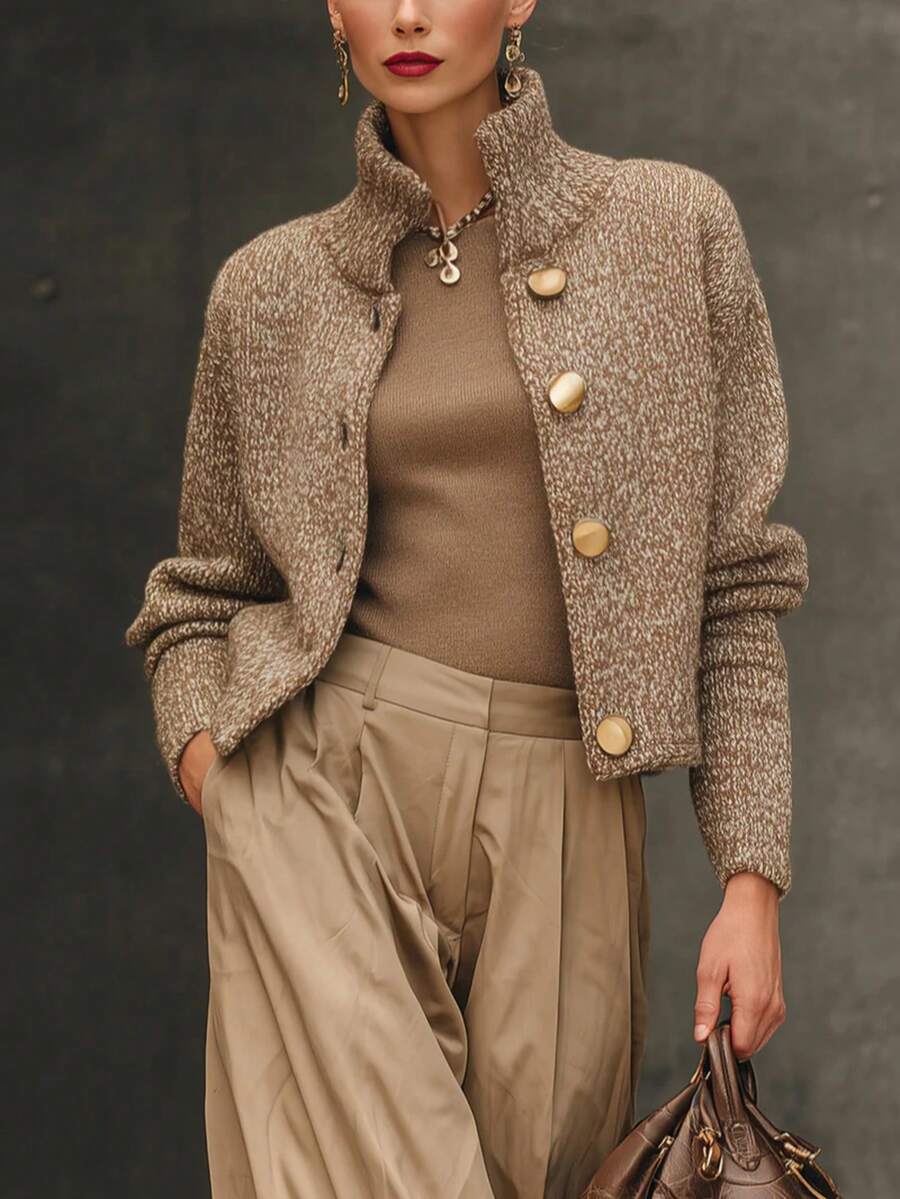 Magic Mia Women's Elegant French Tweed Bouclé Jacket - Cropped Stand Collar Blazer With Pearl Buttons | Small Fragrance Style Coat For Office, Casual & Daily Wear (2025 Classic Design) - màu nâu - Xem 1