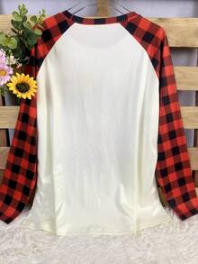 1pc Plus Size Women Christmas Element Printed T-Shirt, Plaid Snowflake & Christmas Tree Santa Claus Print Elastic Crew Neck Top, Christmas