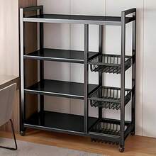 4-Tier Adjustable Metal Storage Rack With Wheels And 3 Baskets - Mobile Organizer For Kitchen, Pantry, Bathroom, Closet - Space-Saving Rolling Design, Housewarming Gift And Home Storage (Black) - 黑色 - 查看 1