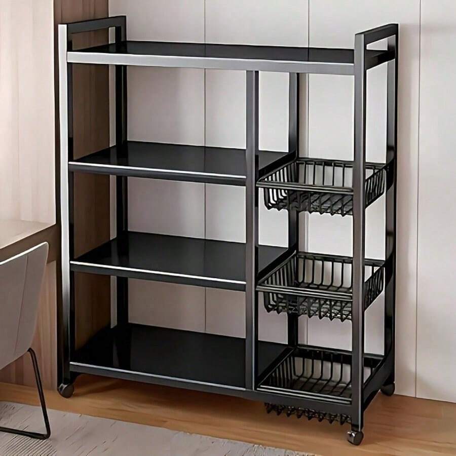 4-Tier Adjustable Metal Storage Rack With Wheels And 3 Baskets - Mobile Organizer For Kitchen, Pantry, Bathroom, Closet - Space-Saving Rolling Design, Housewarming Gift And Home Storage (Black) - 黑色 - 查看 1