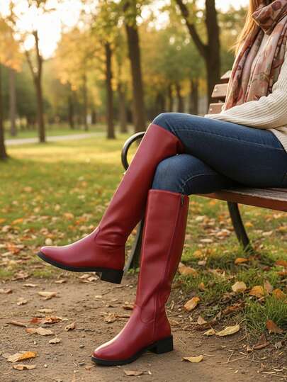 Plus Size Side Zipper Knee-High Boots, Suitable For Autumn/Winter