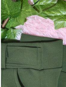 Women's Flared Trousers In Crepe Fabric, With Pockets, Fixed Belt And Buckle - 軍綠色 - 查看 6