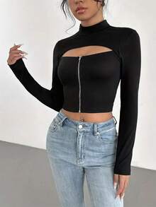 t-shirt à col montant élégant et sexy pour femmes, manches longues, détail de fermeture éclaiTophaut superposé à taille élastique, unicolorer uni, polyvalent pour le printemps, l'été, l'automne, décontracté, lavable en machine, durable et élégant