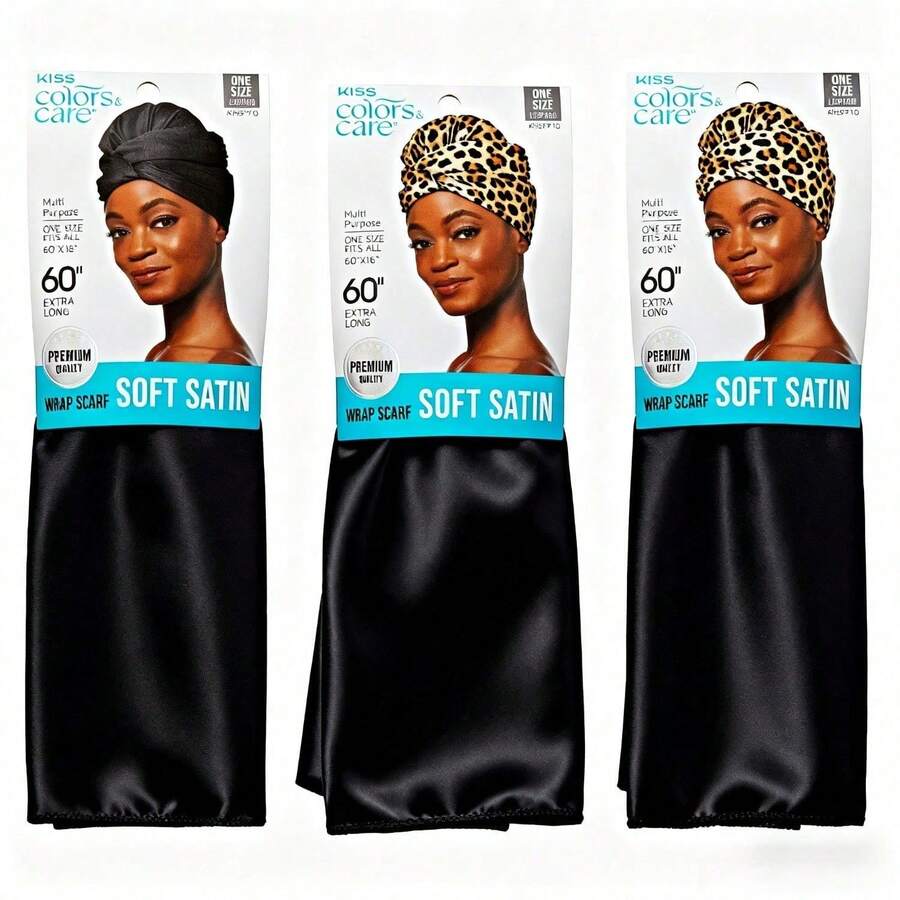 Kiss Colors & Care Soft Satin Hair Wrap Scarf (3-Pack) - Black, 60" XL, Adult Female Hats