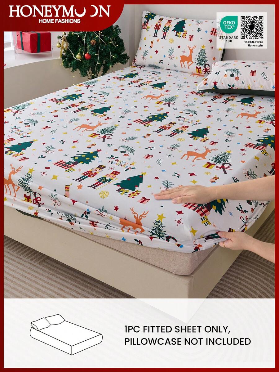 1pc Christmas Tree & Reindeer Print Fitted Sheet, Fits Mattress Depth 9" To 12", Soft, Wrinkle-Free, Breathable, Fits Various Bed Sizes, Machine Washable. Fashionable Christmas Decor Fitted Sheet, Essential For Bedroom & Dorm, Oeko-Tex Certified