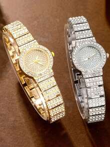 2 件女士钢表带水钻休闲手表和手链套装 - 銀色 - 查看 8