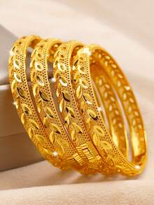 1pc Stacked 24K Gold Plated Heart & Four Leaf Clover Openable Bracelet, Popular Dubai & Europe Style, For Summer Wedding Season