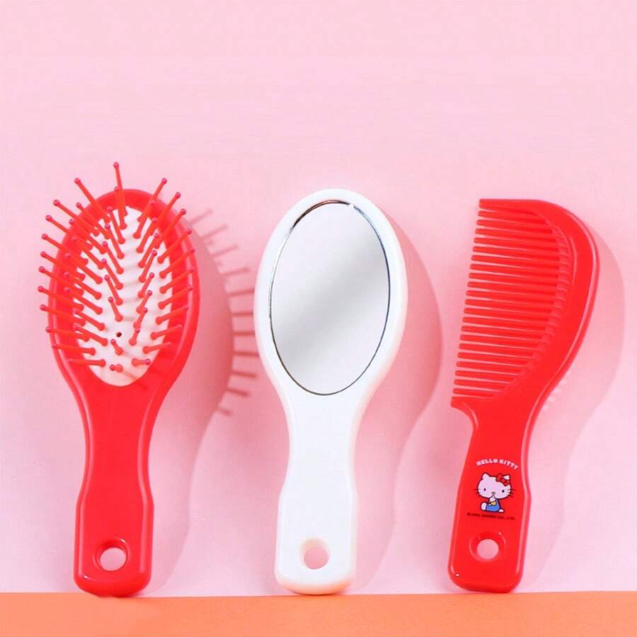 Miniso Hello Kitty 3-Piece Portable Travel Mini Mirror & Comb Set. Compact And Cute, Made Of Lightweight And Durable Plastic Material. The Mirror And Comb Combination Meets Daily Grooming Needs, And Is A Must-Have For Travel And Shopping (1 Set) - Multicolor - View 1