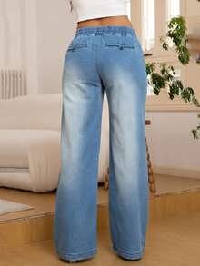 Women's Jeans, Y2K Style Women's Wear, Straight-Leg Jeans, Loose And Fashionable Casual Jeans With Elastic Waist, Medium Elasticity, Mid-Rise Design, Pockets, Featuring A Cinched Waist, Suitable For All Seasons,Pantalón Jean Mujer,Women Clothes,Jeans Para Mujer,Pantalones De Mujer Jean,Ropa De Mujer,Tall Jeans Women,Y2k Clothes,Going Out Outfits,Holiday Outfits For Women,Vacation Outfits Women,Club Outfits For Women,New Years Outfit Women,Holiday Outfits For Women - 淺藍色 - 查看 1