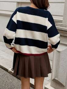 Just Masa Woman's Autumn And Winter New Color Blocked Round Neck Knitted Pullover Graduation Sweater Loose Long Sleeve Going Out Tops