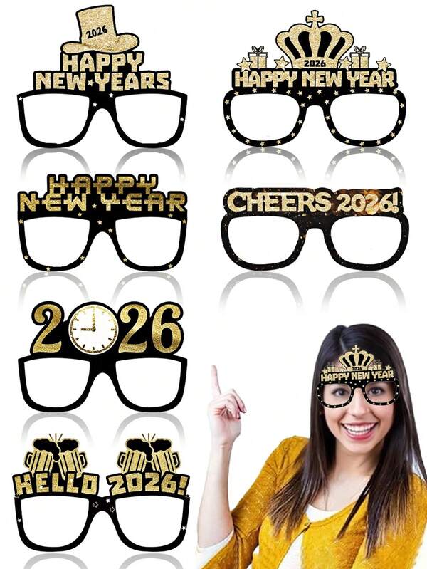 12pcs Happy New Year Glasses 2026, Gold Black New Years Eve Glasses, New Years Eve Party Supplies 2026, Glitter Paper New Years Party Glasses, For New Year's Eve Decorations, Photo Prop